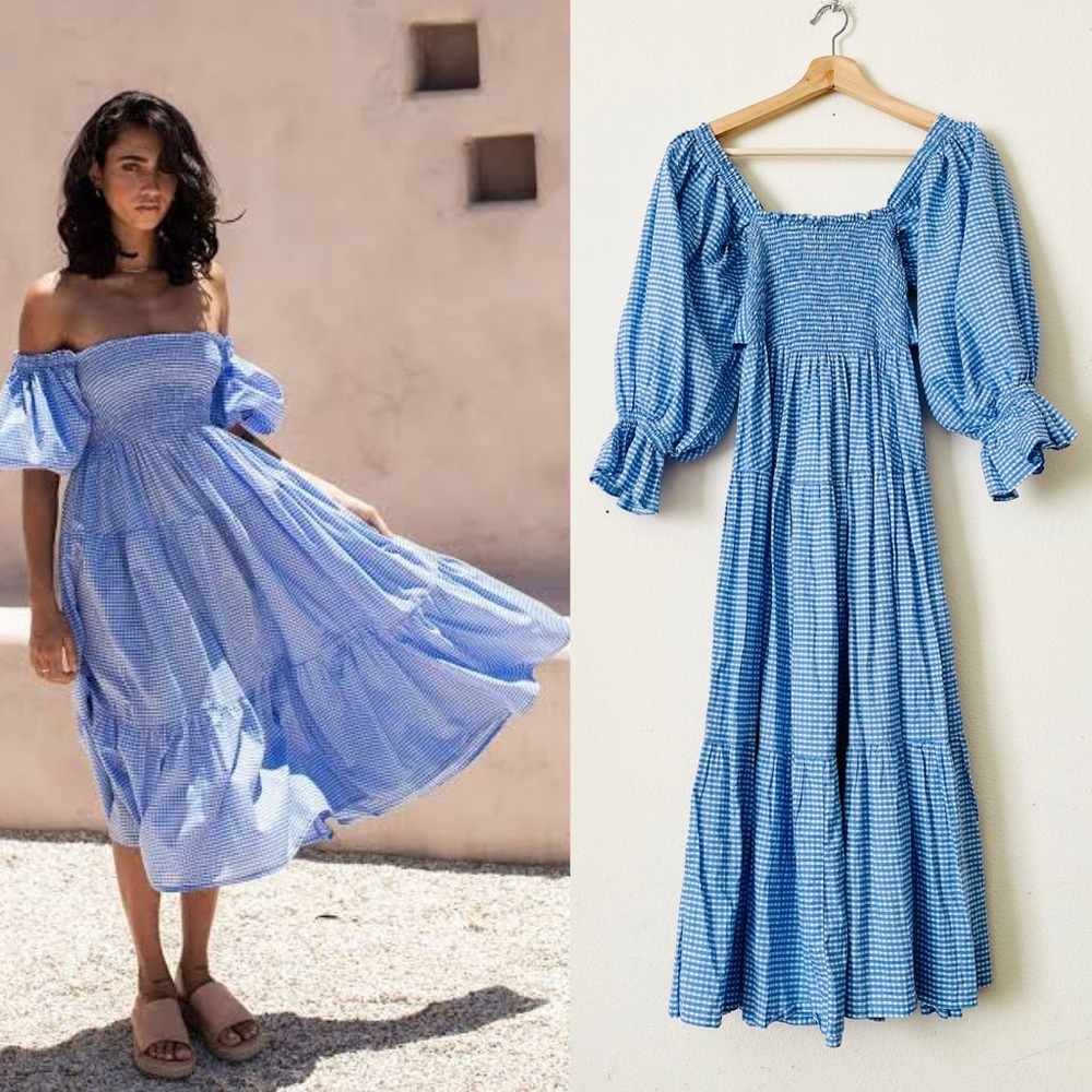 Bird & Kite MEDIUM Isabella tiered midi dress in Bluebell gingham